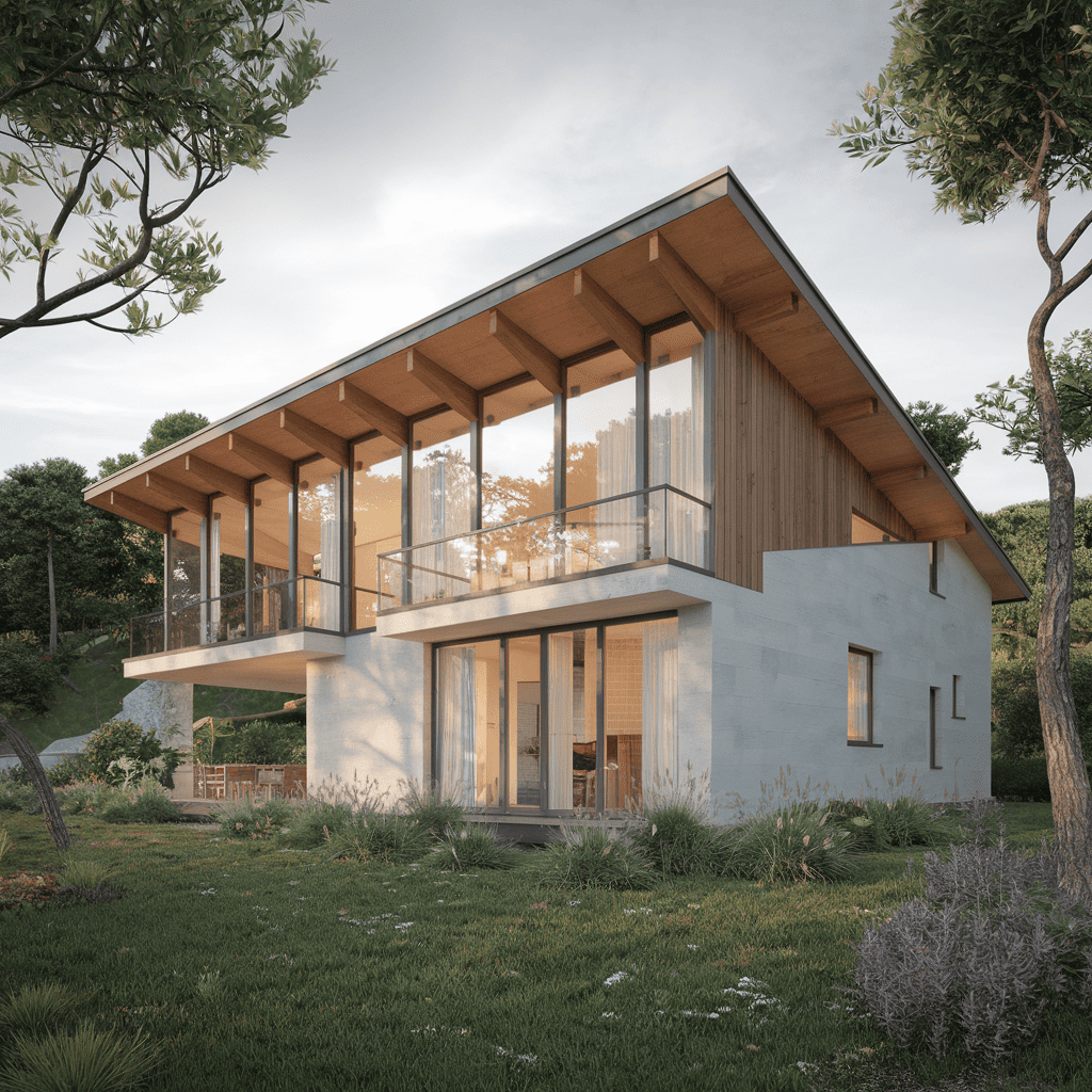 Casa prefabbricata in legno con tetto inclinato e grandi vetrate nel verde
