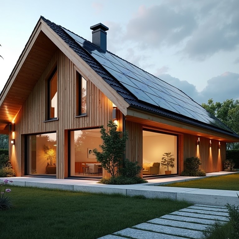 Casa in legno con impianto fotovoltaico integrato sul tetto