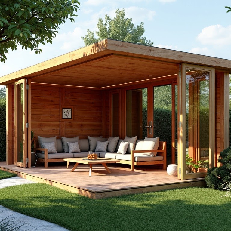 Gazebo da giardino in legno con pareti vetrate e salotto da esterno