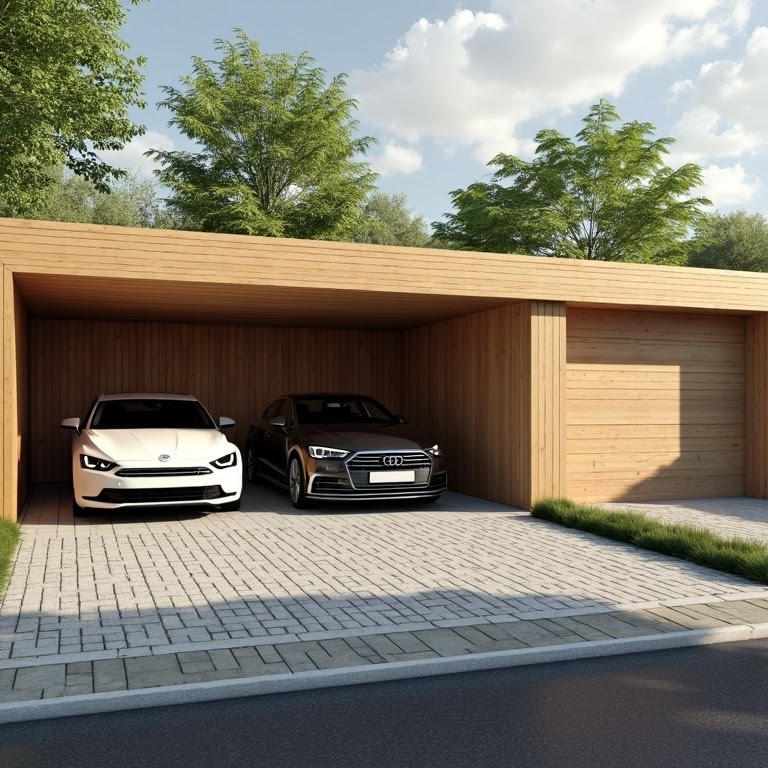 Pensilina garage in legno per due auto su pavimentazione in autobloccanti