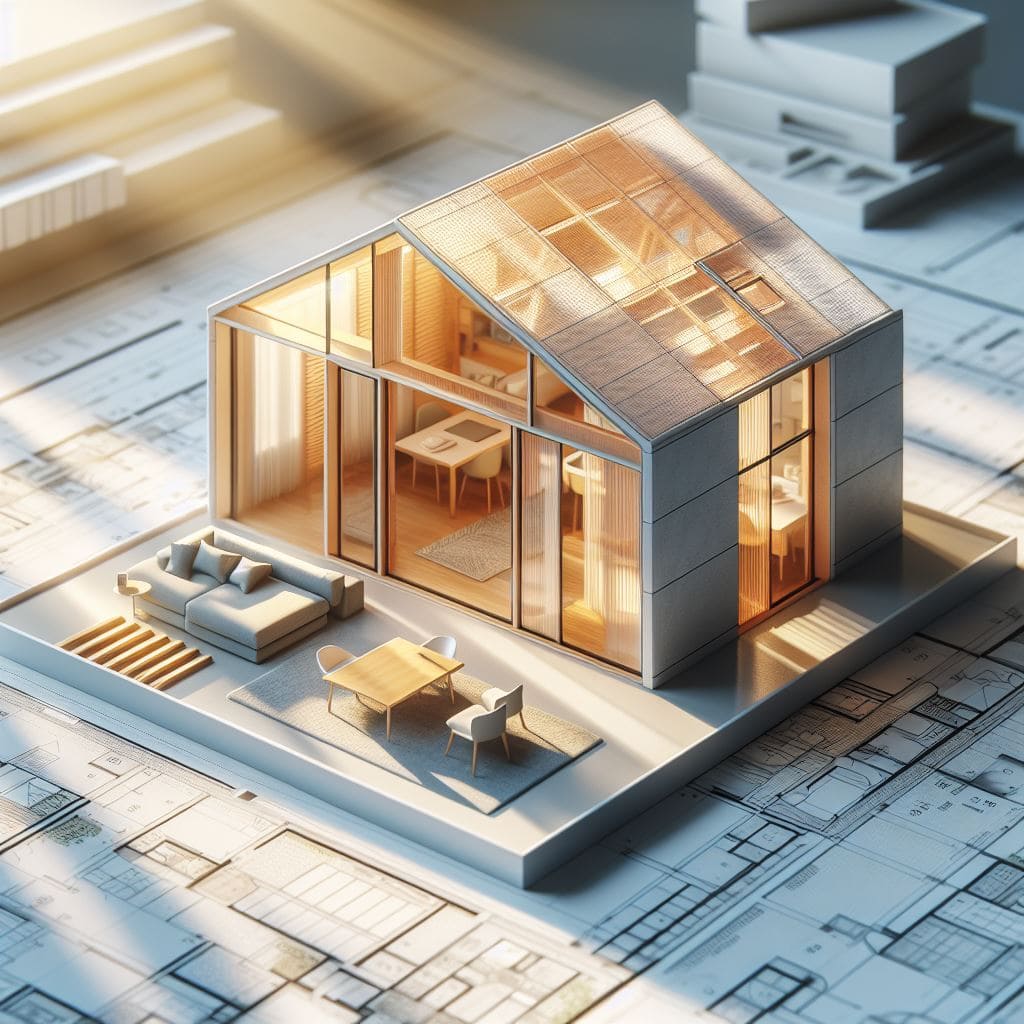Render isometrico di casa moderna in legno e vetro sulle planimetrie del progetto