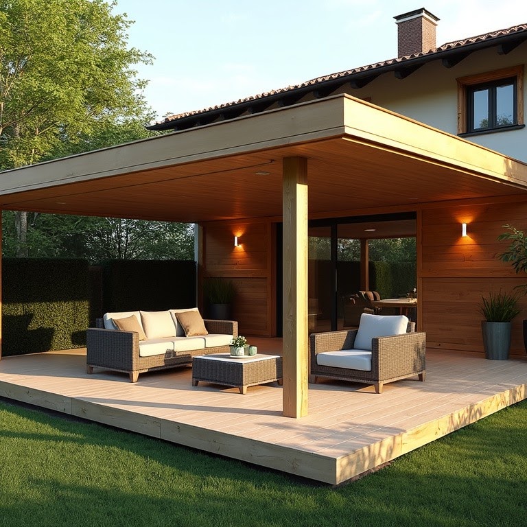 Terrazza coperta in legno con tettoia e salotto da esterno sul prato